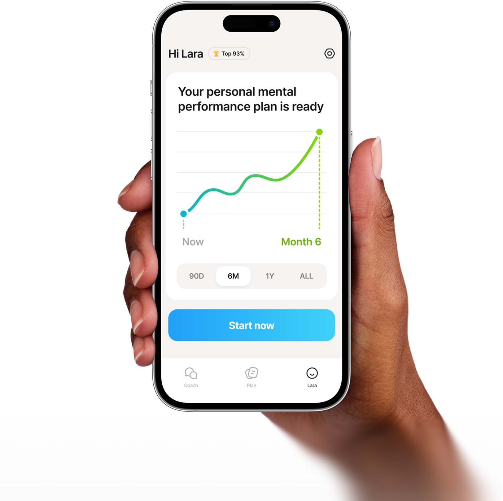Hand holding a phone with the Sync mental training app